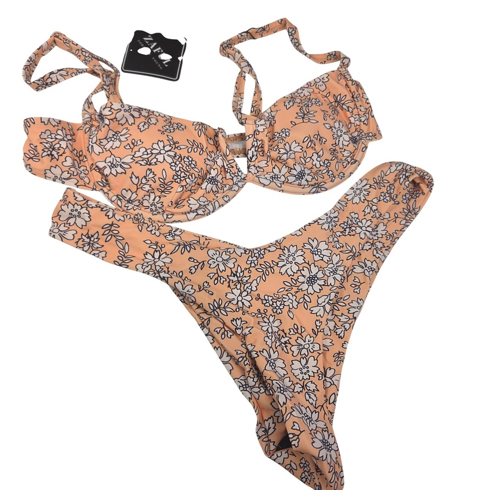 Zaful Bikini Set Womens 6 Peach Floral Underwire High Cut Cottagecore 844 NWT